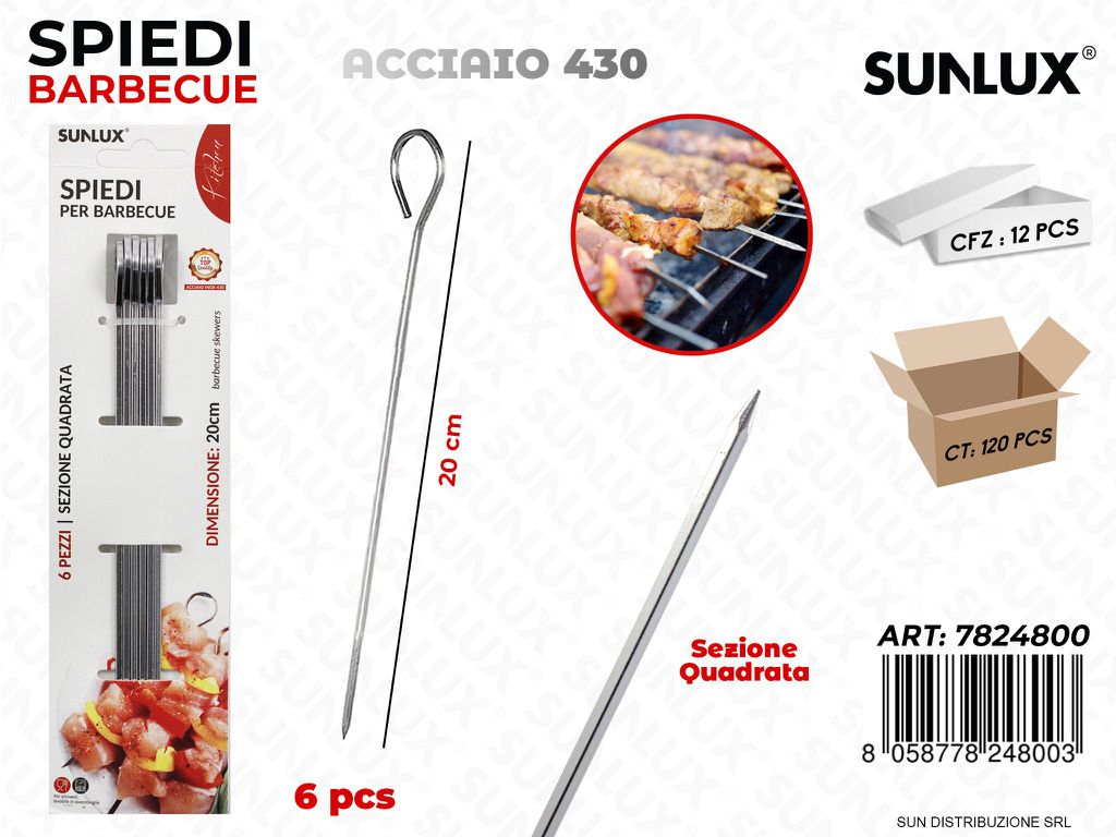 Spiedi per Bbq Quadr. Acciaio 430 6PCS 20CM
