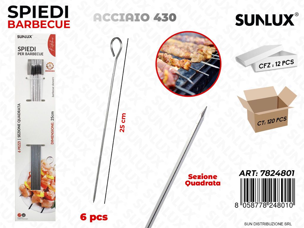 Spiedi per Bbq Quadr. Acciaio 430 6PCS 25CM