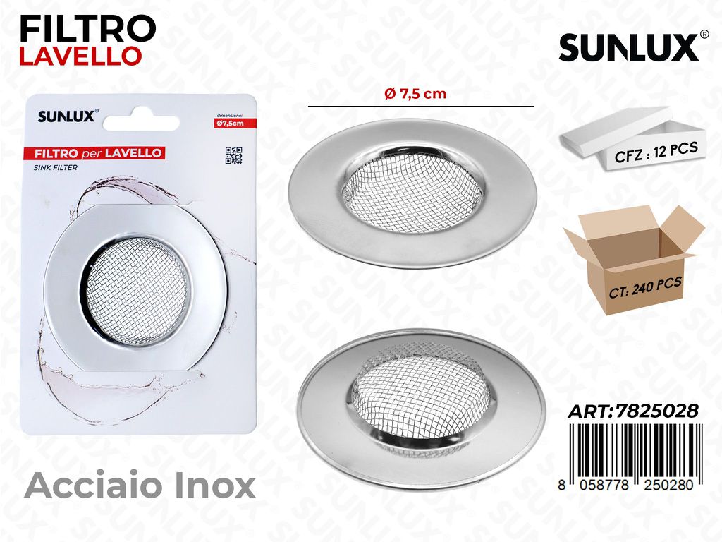 Sunlux Filtro Lavello Acciaio Inox D.7.5CM