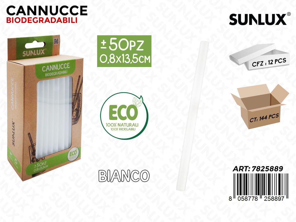 Sunlux Cannucce Biodegr. Bianco 50PCS 0.8*13.5CM