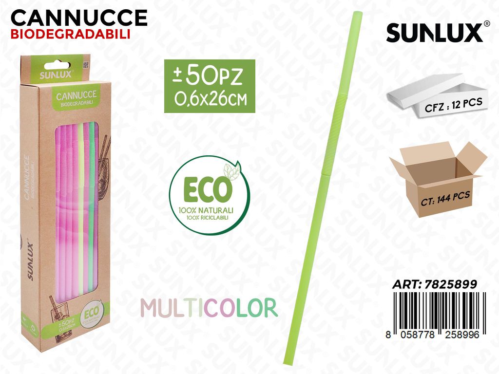 Sunlux Cannucce Biodegr. Multicolor 50PCS 0.6*26CM