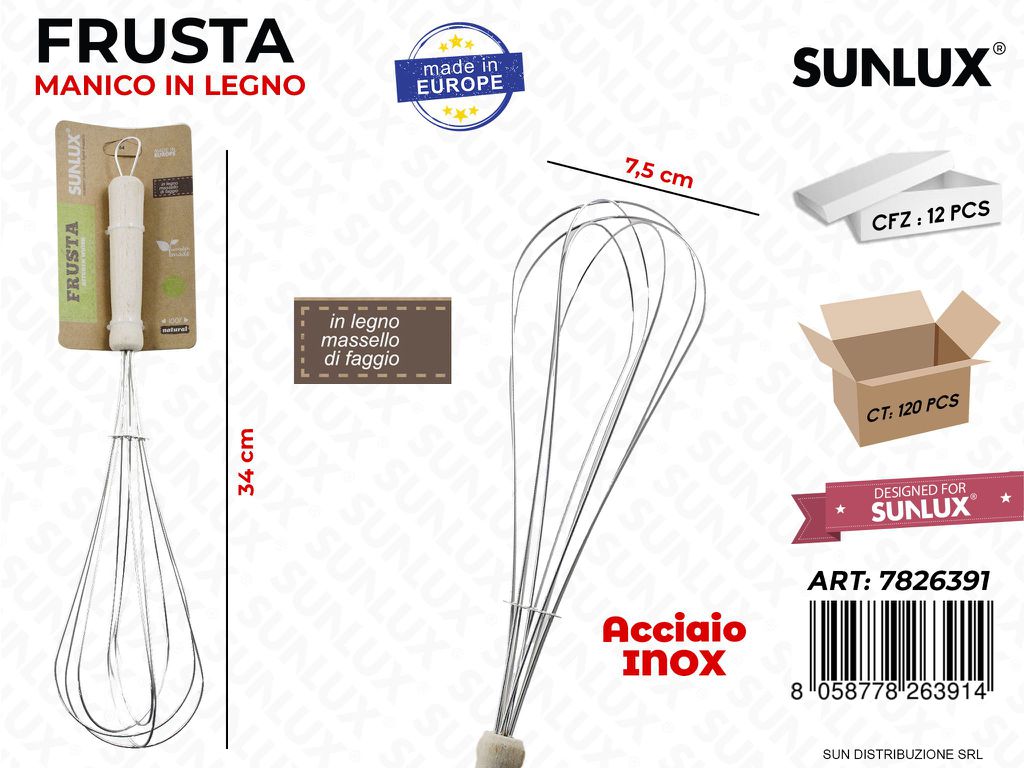 Frusta in Acciaio Inox c/ Manico Legno 7.5*34CM