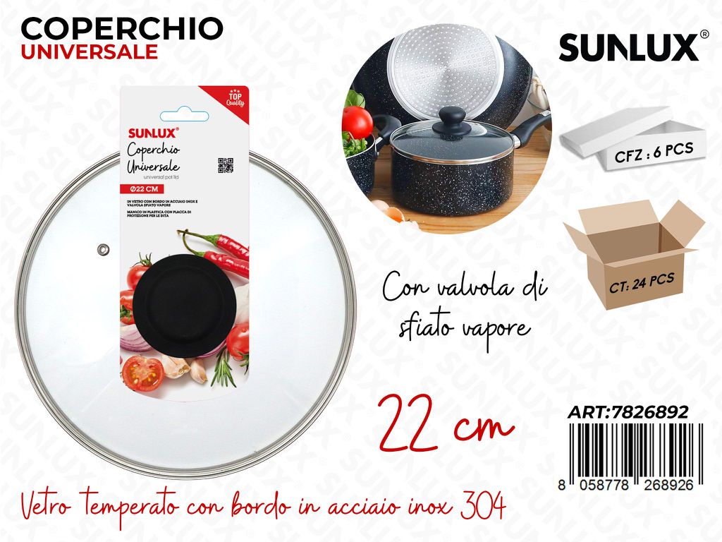 Sunlux Coperchio Univ. Vetro-inox 304 D.22CM