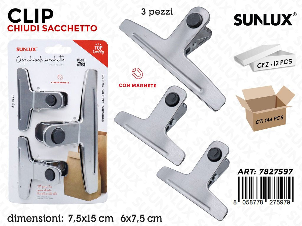 Sunlux Clip Chiudi Sacchetto 3PCS c/Magnete 6*7.5CM