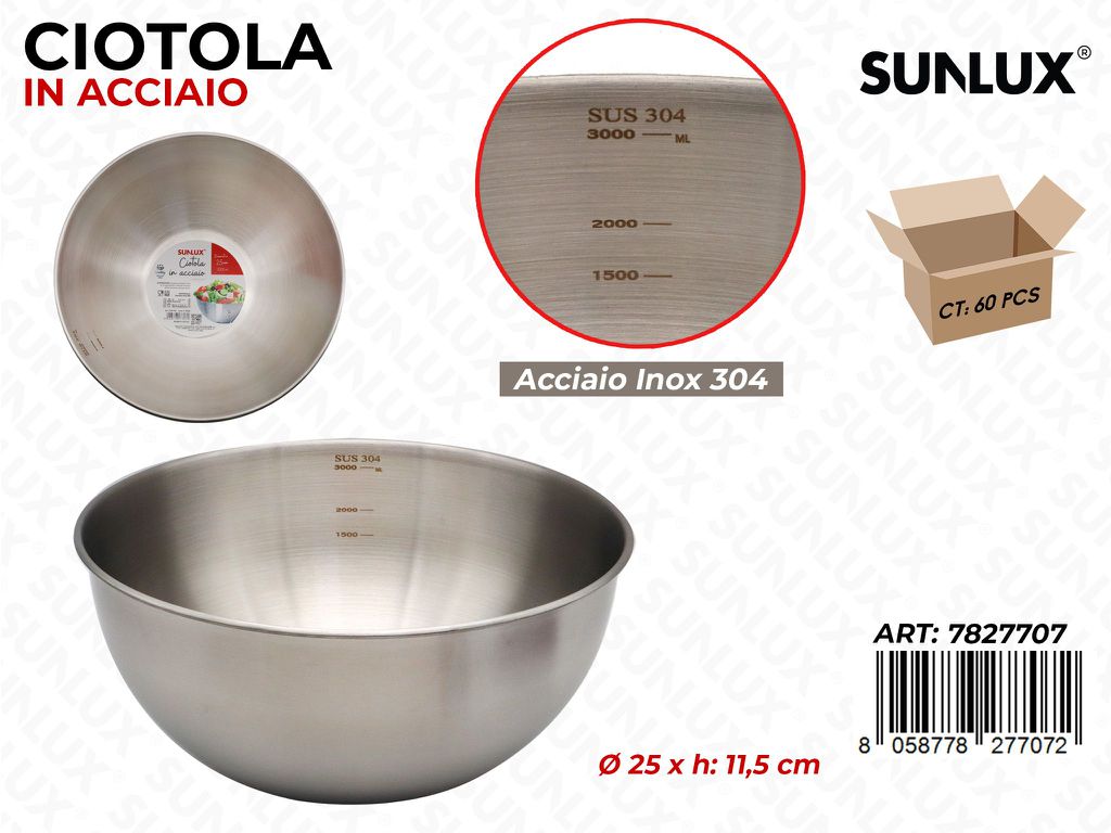 Sunlux Ciotola Acc. Inox 304 3000ML D.25*11.5CM