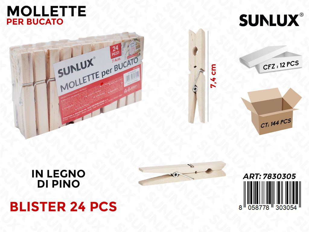 Sunlux Mollette Bucato Legno Pino 24PCS 7.4CM