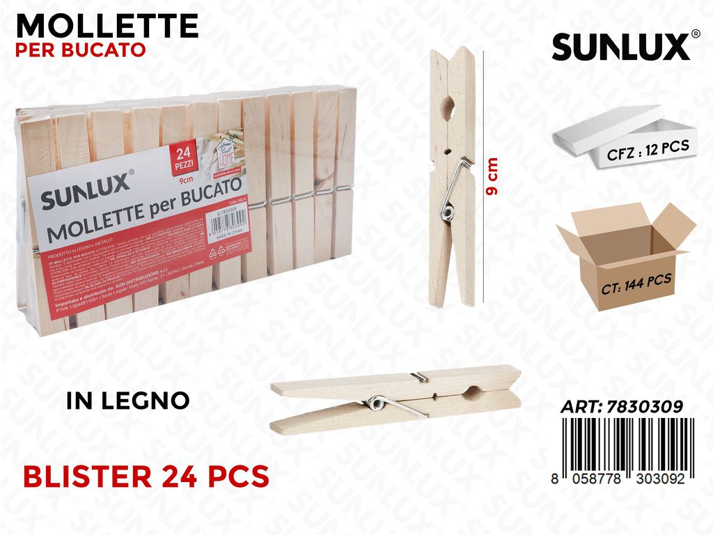 Sunlux Mollette Bucato Legno 24PCS 9CM