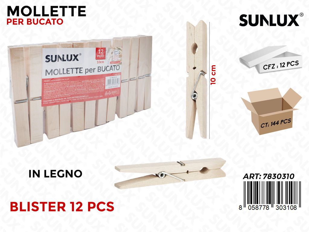 Sunlux Mollette Bucato Legno 12PCS 10CM