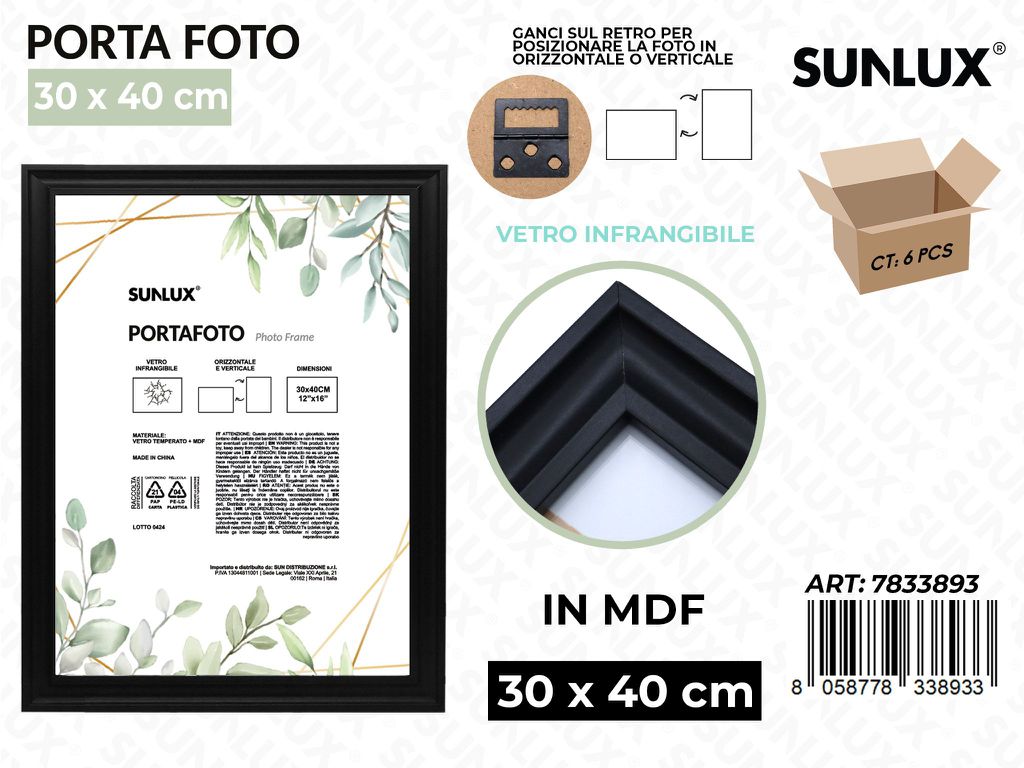 Sunlux Portafoto c/ Ganci Nero Mdf 30*40CM