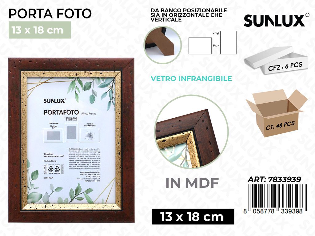 Sunlux Portafoto Legno Mdf Vetro Temp. 13*18CM