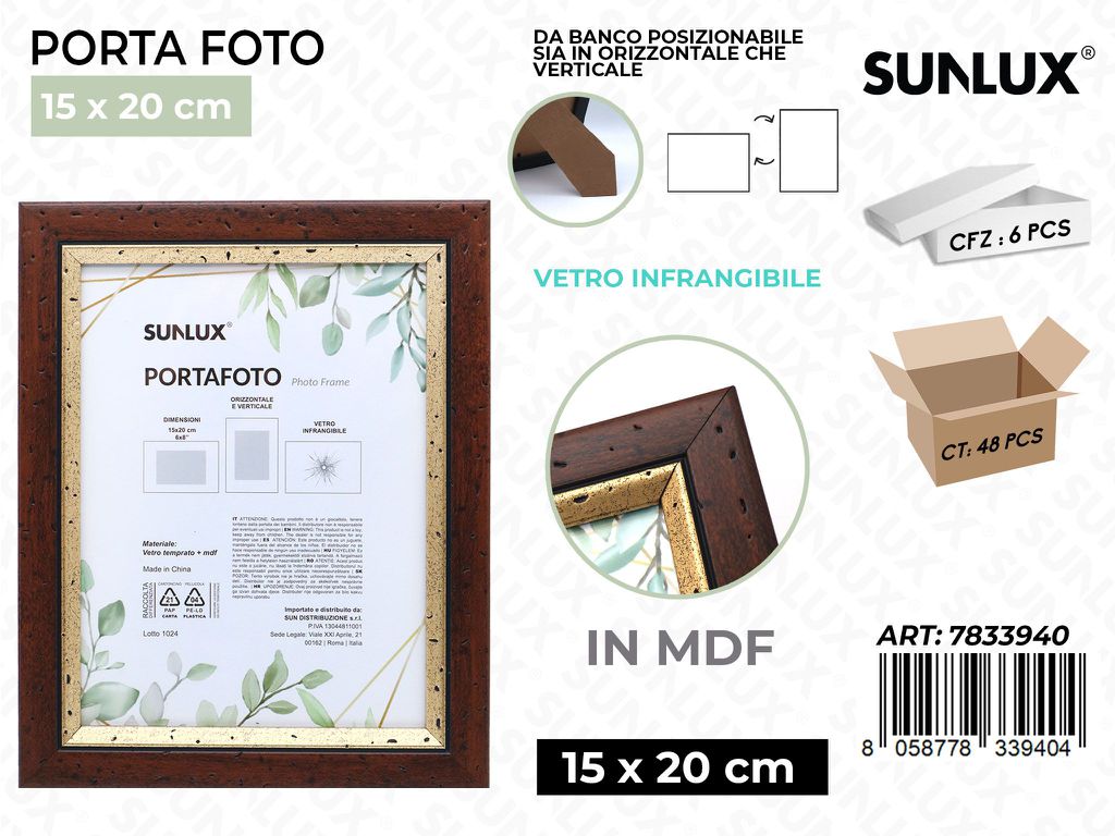 Sunlux Portafoto Legno Mdf Vetro Temp. 15*20CM