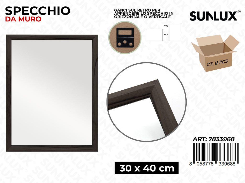 Sunlux Specchio da Muro Legno Scuro 30*40CM