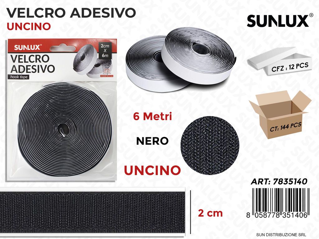 Velcro Adesivo Uncino Nero 2CM*6MT