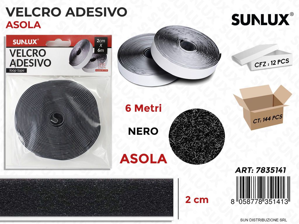 Velcro Adesivo Asola Nero 2CM*6MT