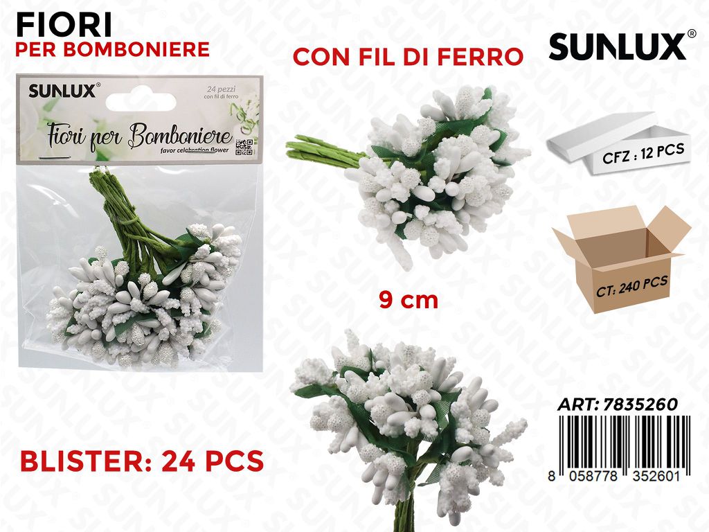 Fiore Bomboniere Bianco c/Fil di Ferro 24PCS 9CM