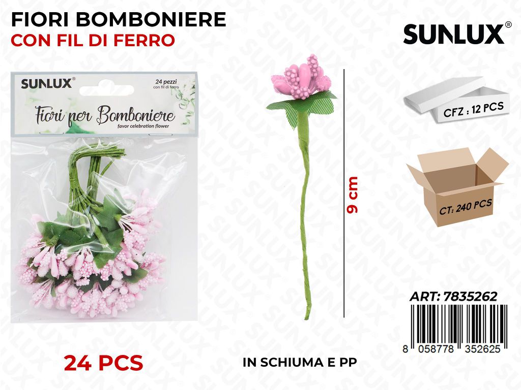Fiore Bomb. Rosa c/Fil di Ferro 24PCS 9CM