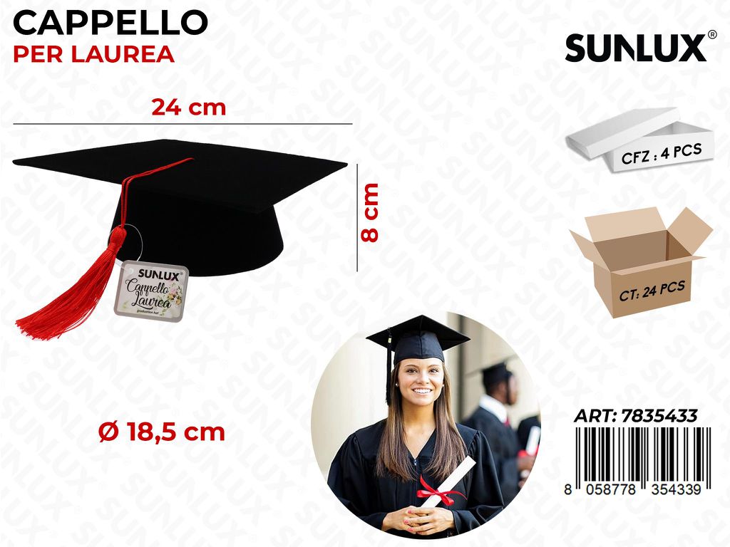 Cappello per Laurea Nero D.18.5*24*8CM