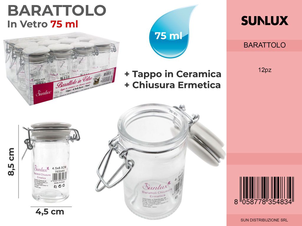 Barattoli in Vetro c/ Chius .ermetica 75ML 4.5*8.5CM