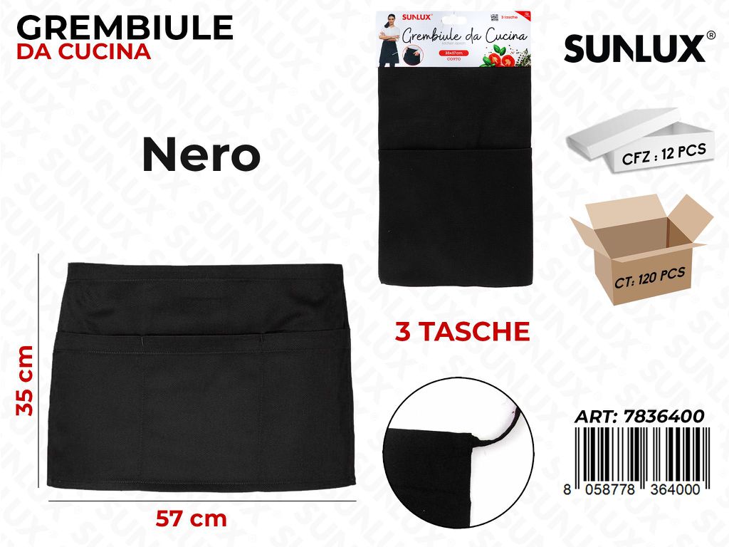 Grembiule da Cucina Nero 3 Tasche 57*35CM