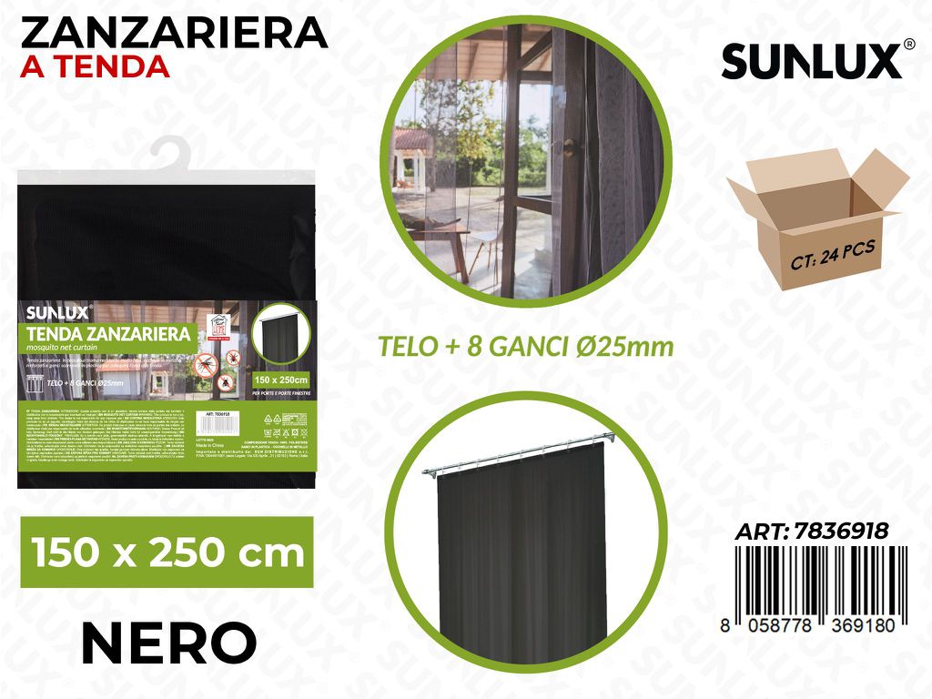 Sunlux Tenda Zanzariera Nero c/Ganci 150*250CM