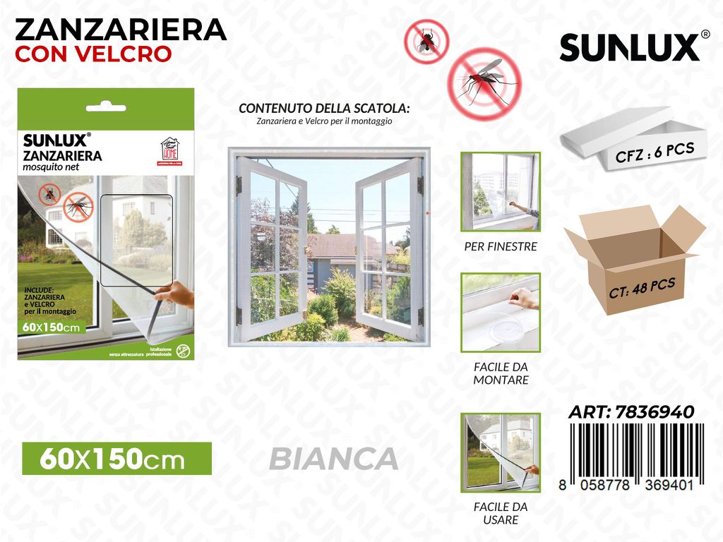 Sunlux Zanzariera Bia. c/ Velcro 60*150CM