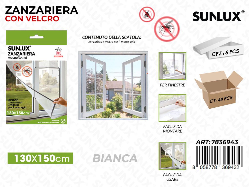 Sunlux Zanzariera Bia. c/ Velcro 130*150CM