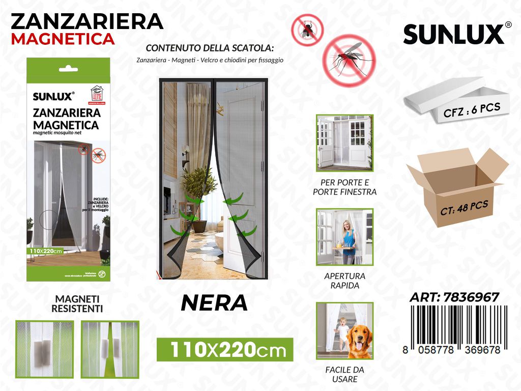 Sunlux Zanzariera Magnetica Nero 110*220CM