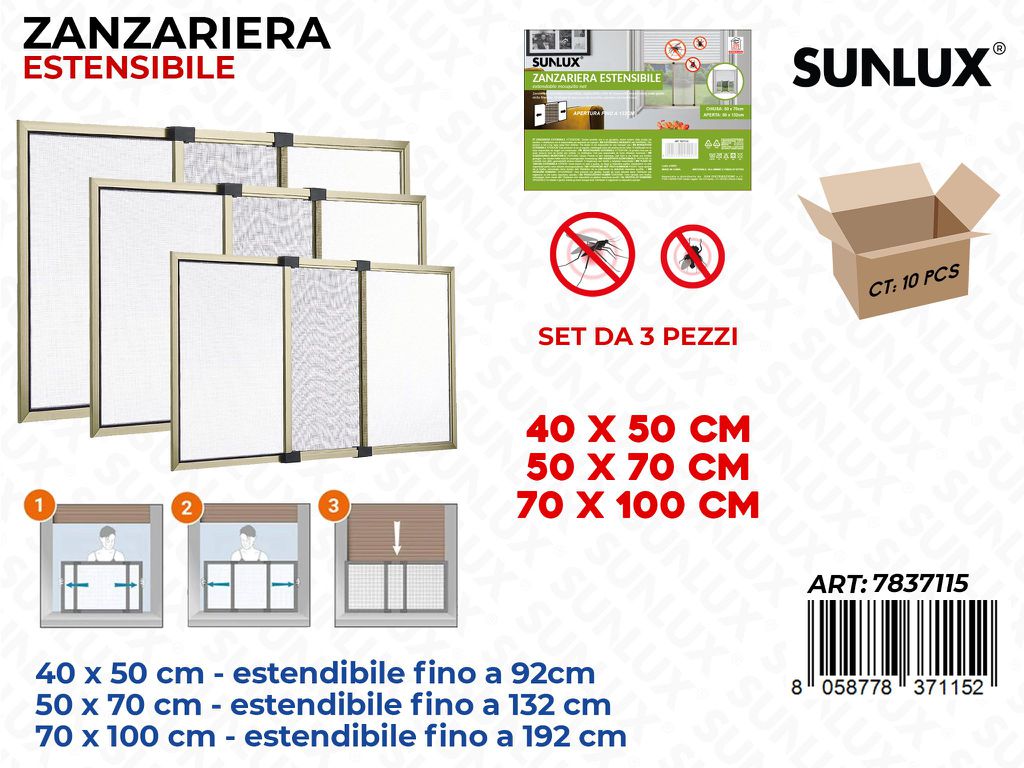 Sunlux Set 3PCS Zanzariera Estens. 40*50-50*70-70*100CM