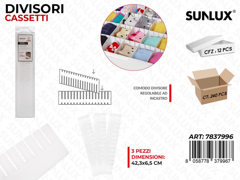 Sunlux Divisori Cassetti Bia. 3PCS 42.3*6.5CM