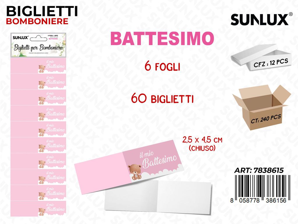 Sunlux Biglietti Bomb. Battesimo Girl 6FF 60PCS