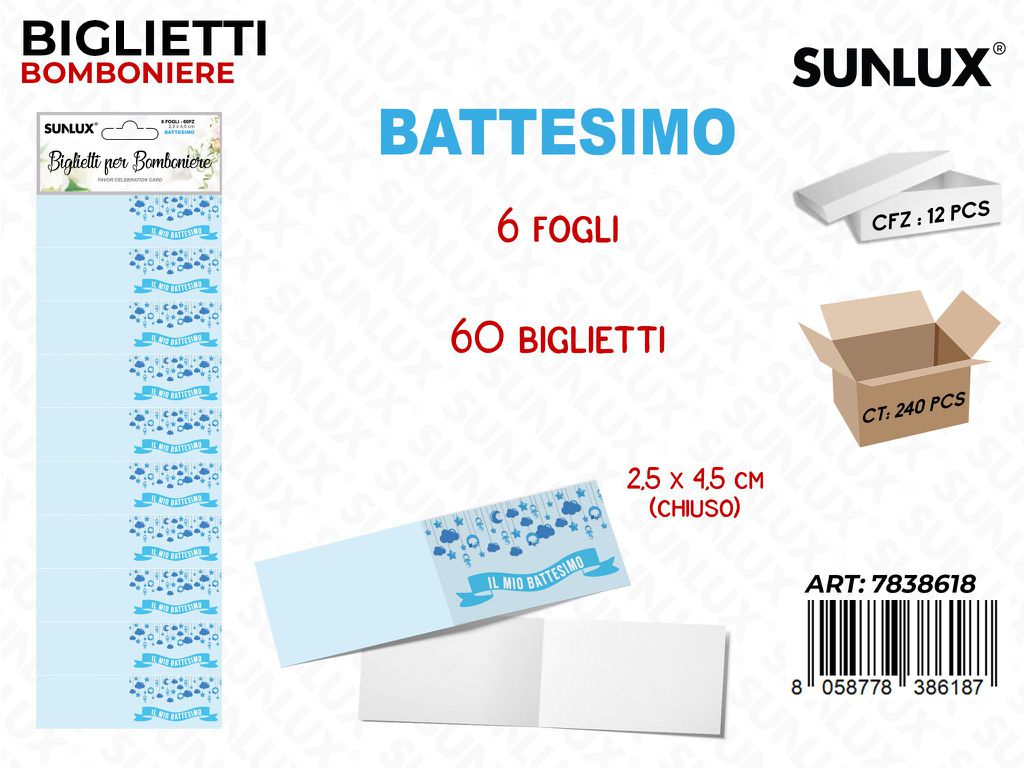 Sunlux Biglietti Bomb. Battesimo Boy 6FF 60PCS