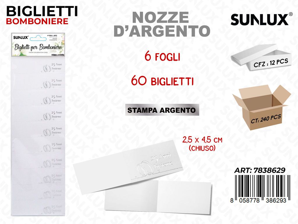 Sunlux Biglietti Bomb. Nozze Arg. 60PCS 2.5*4.5CM