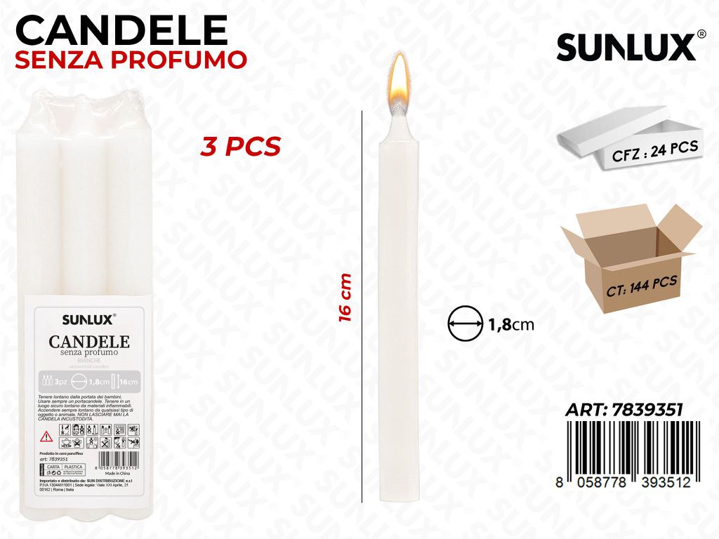 Candele Stelo Senza Profumo Bianco 3PCS 16CM