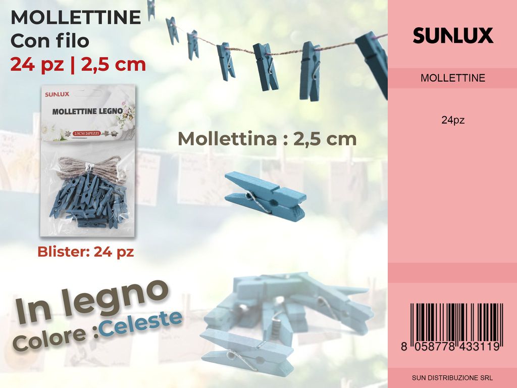 Mollettine con Filo in Legno Celeste 24PC-2.5CM