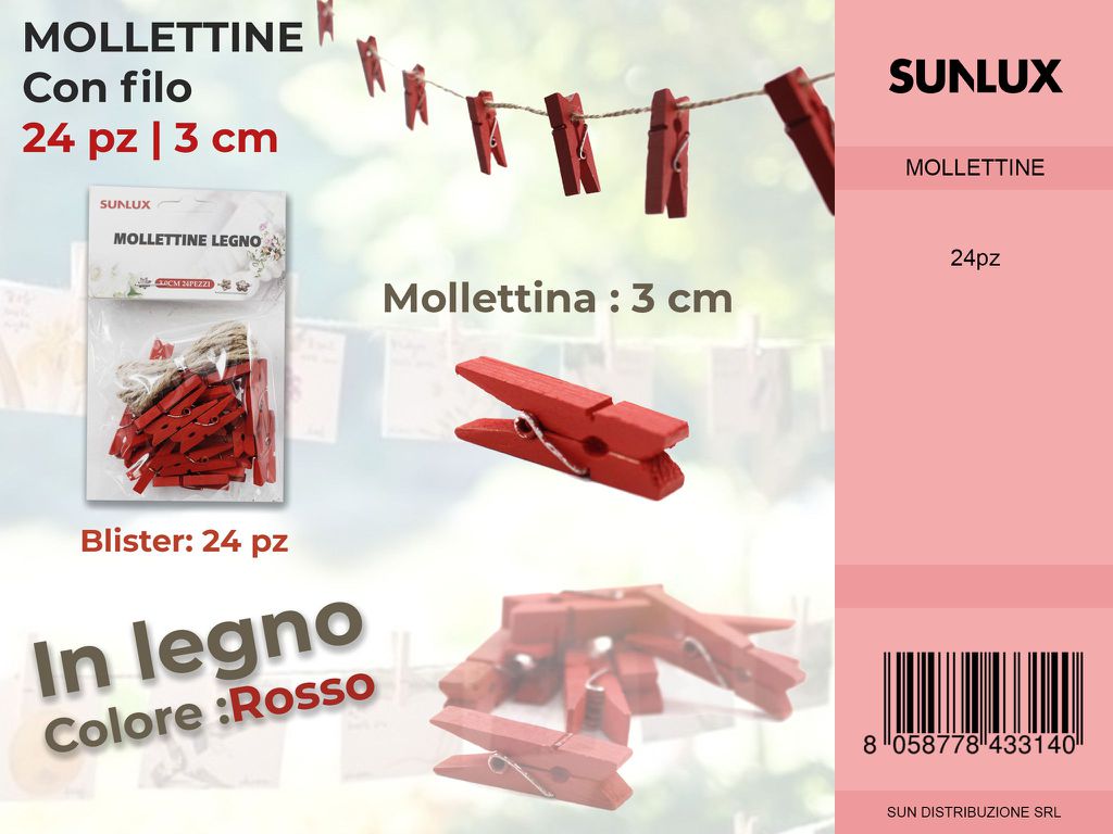 Mollettine con Filo in Legno Rosso 24PC-3CM
