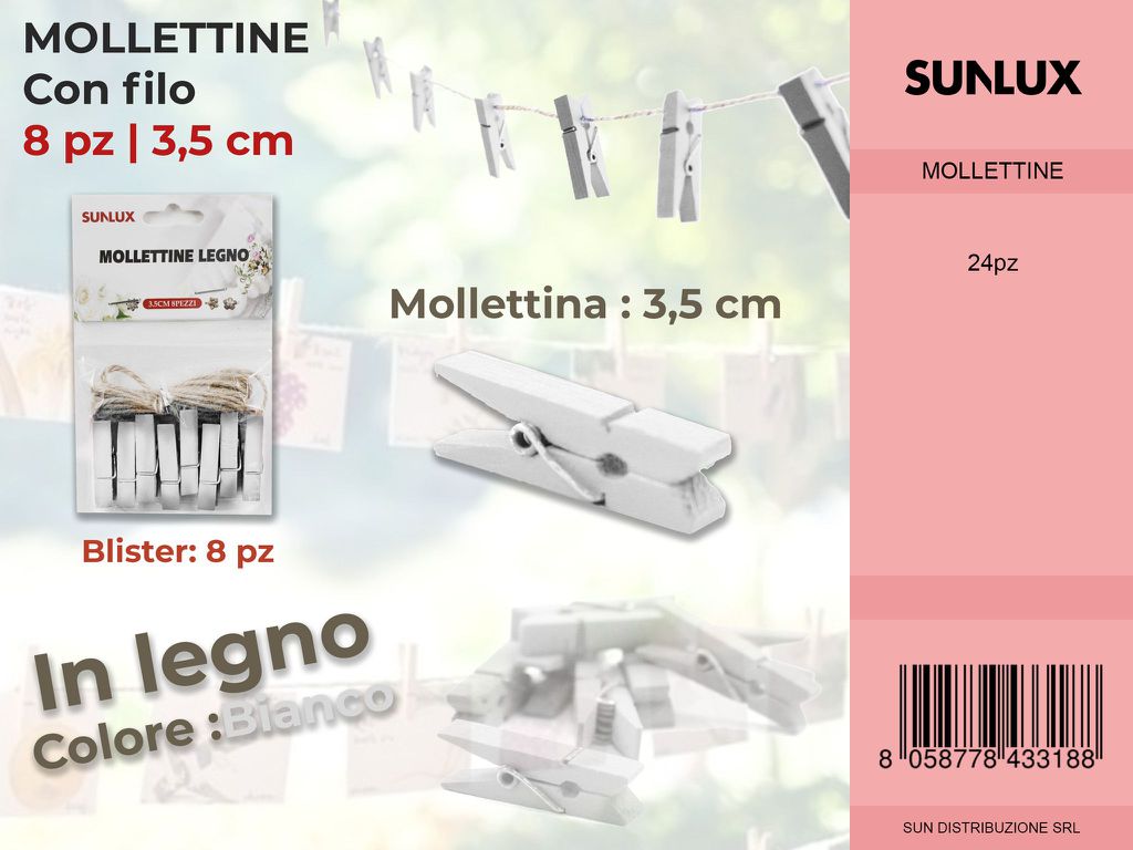 Mollettine con Filo in Legno Bianco 8PC-3.5CM