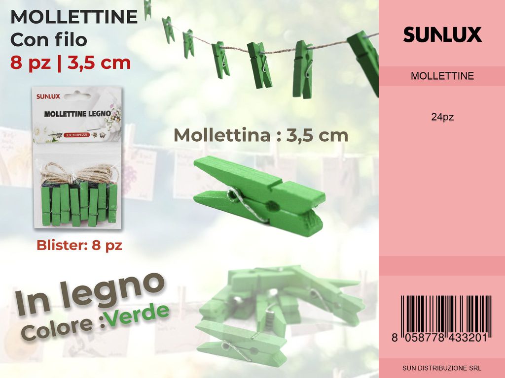 Mollettine con Filo in Legno Verde 8PC-3.5CM
