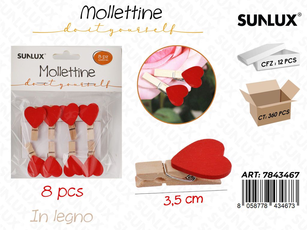 Mollettine in Legno Cuori 8PCS 3.5CM