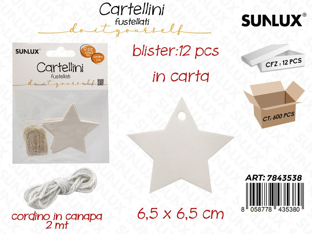 Cartellini Fustellati 12PCS 6.5*6.5CM c/ Cordino 2MT