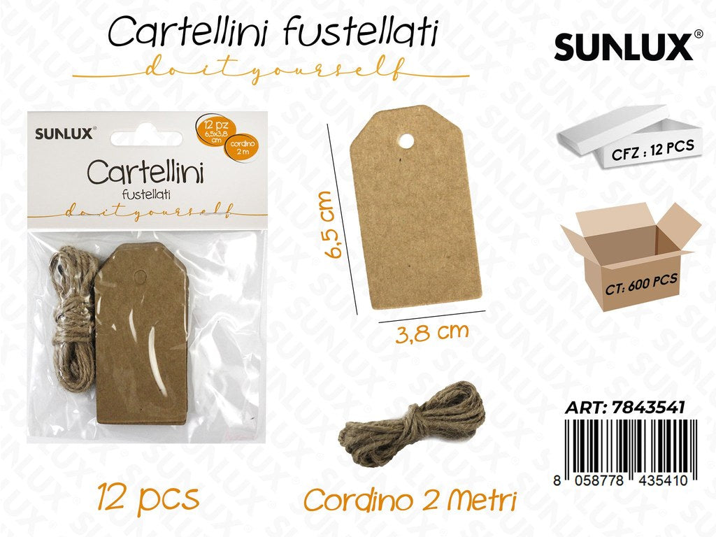Sunlux Cartellini Fustellati 12PCS 6.5*3.8CM c/ Cordino 2MT