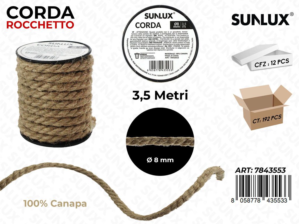 Rocchetto Corda in Canapa D.8MM*3.5MT/ Pz da 12