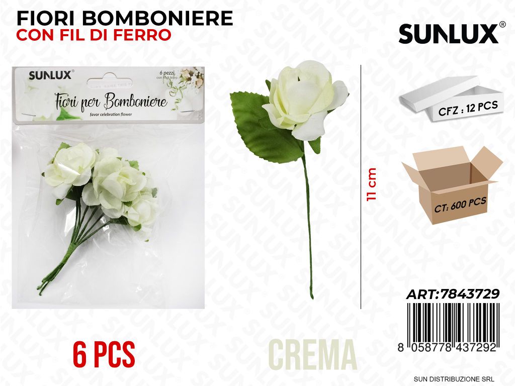 Fiori Bomb. c/ Fil di Ferro Crema 6PCS 11CM/ Pz da 12