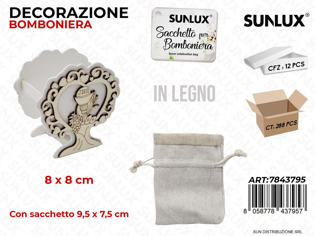 Scatolina Bomb. Legno c/ Sacc. Comunione 8*8CM