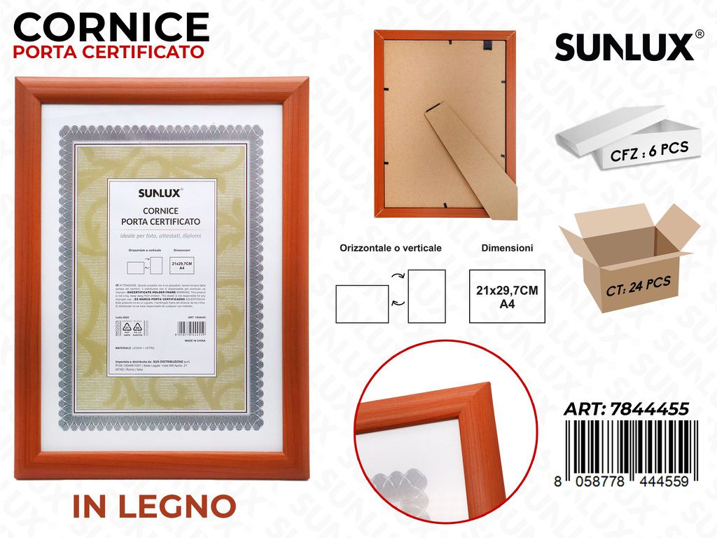 Sunlux Cornice Porta Certificato in Legno 21*29.7CM