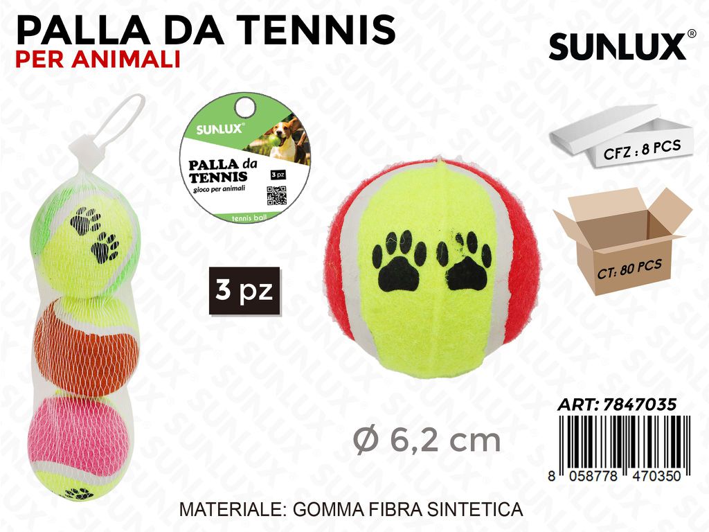 Sunlux Palla da Tennis per Animali 3PCS D.6.2CM