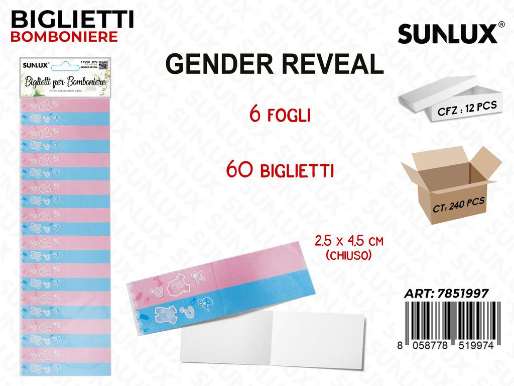 Sunlux Biglietti Bomb. Gender Reveal 6FF 60PCS