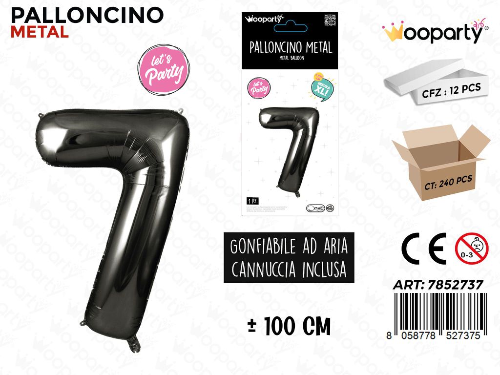 Wooparty Palloncino Metal Nero N.7 100CM