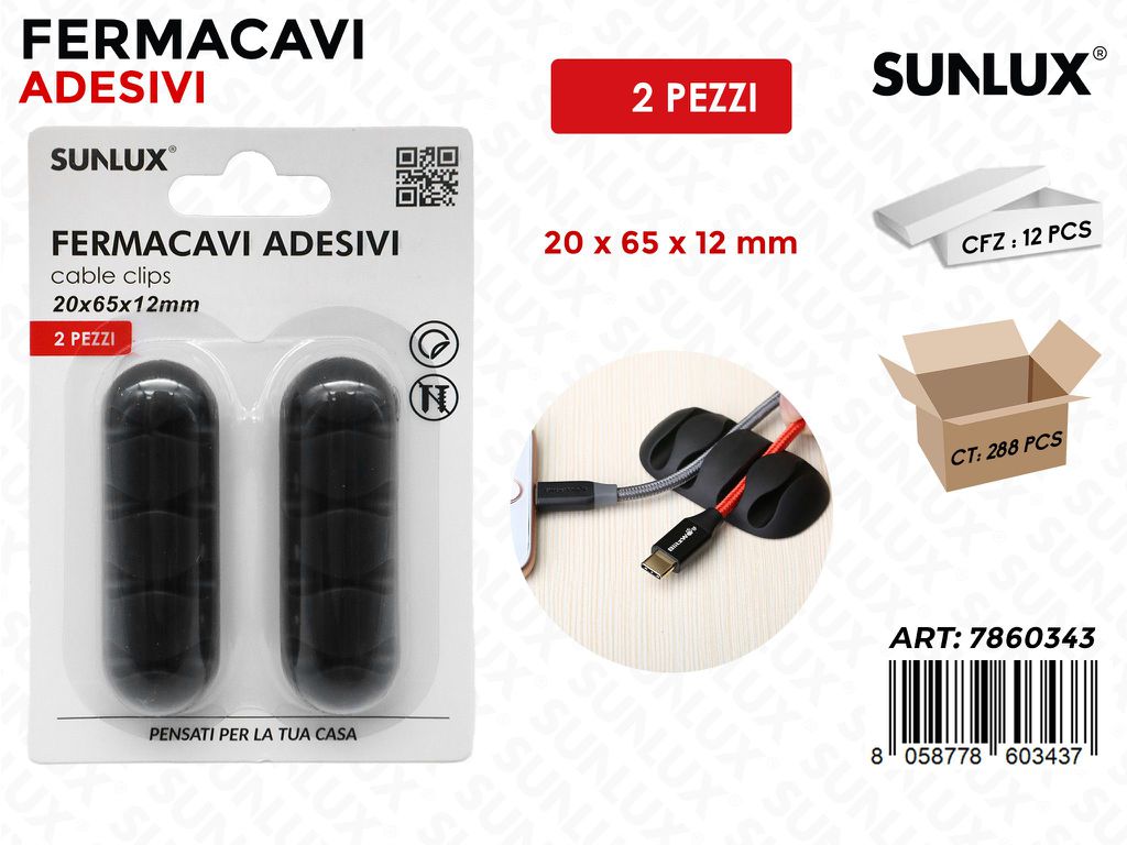 Sunlux Fermacavi Adv Nero 2PCS 20*65*12MM