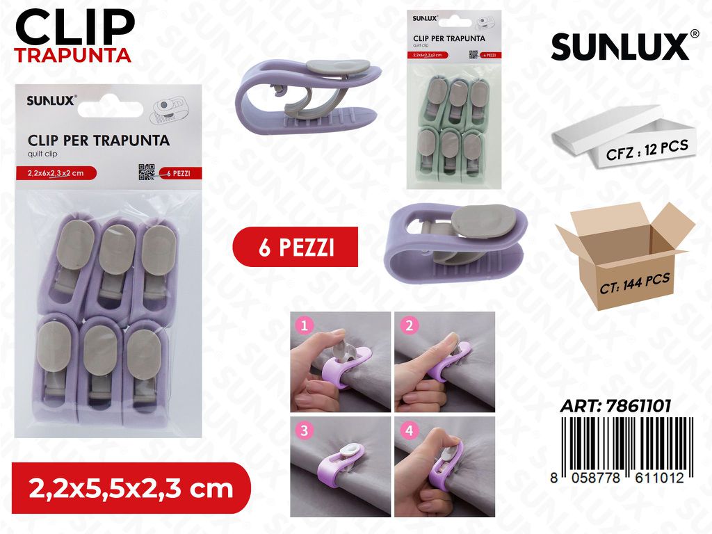 Sunlux Clip Trapunta 6PCS 2.2*5.5*2.3CM Ass.
