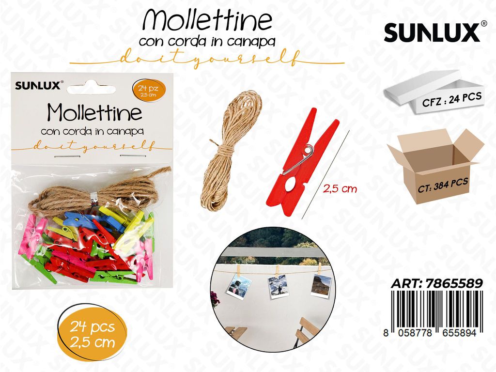 Mollettine Legno Col. c/ Corda Canapa 24PCS 2.5CM